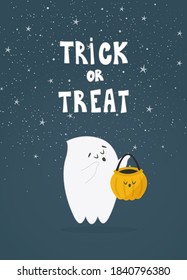 Cute little ghost with pumpkin. Cartoon character for your design funny Halloween greeting card. Vector illustration.