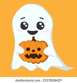A cute little ghost with a pumpkin in his hands