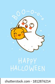 Cute little ghost with pumpkin on blue background - cartoon character for funny Halloween greeting card and poster design