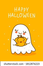 Cute little ghost with pumpkin on orange background - cartoon character for funny Halloween greeting card and poster design