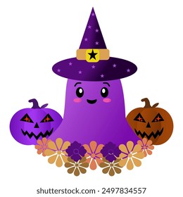 Pequeño fantasma lindo con una calabaza en Halloween