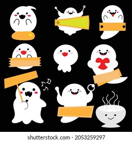 Cute little ghost with sign on black background