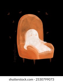 Fantasma pequeno bonito sentado em uma poltrona laranja e morcegos voando acima dele. Mão Engraçada Pintado Cartão de Halloween. Happy Ghost em um fundo preto. Truque ou Trate. Ilustração de vetor de Halloween. RGB