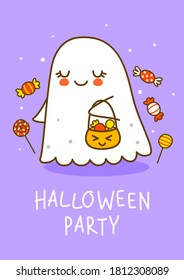 Cute little ghost with sweets on purple background - cartoon character for funny Halloween greeting card and poster design