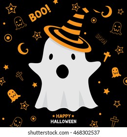 Cute little ghost wear witch hat design for happy halloween holiday party invitation card vector illustration.