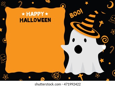 Cute little ghost wear witch hat design for happy halloween holiday party invitation card vector illustration.