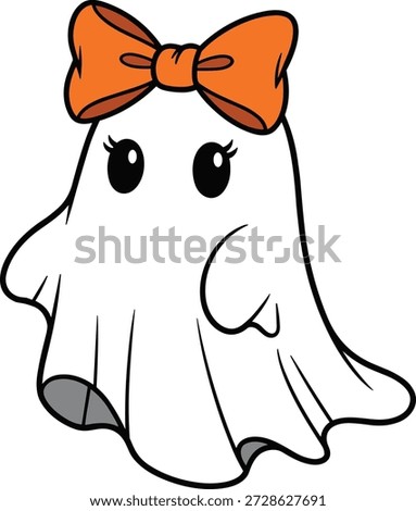 Cute little ghost wearing a festive orange bow on its head, smiling happily. Adorable cartoon character vector illustration for Halloween and autumn holiday designs.