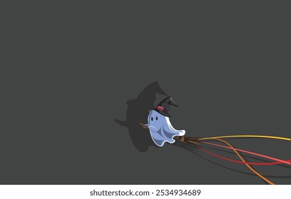 cute little ghost wearing a witch hat and using a flying broom stock illustration background