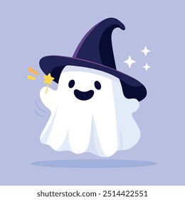 Um fantasma bonito em um chapéu de bruxa com uma varinha mágica. Feliz Dia das Bruxas. Monstro fantasmagórico assustador. Cartoon personagem assustador, truque ou tratamento. Ilustração plana vetorial isolada no plano de fundo roxo.