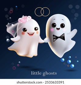 Cute little ghosts, the bride and groom. Vector illustration