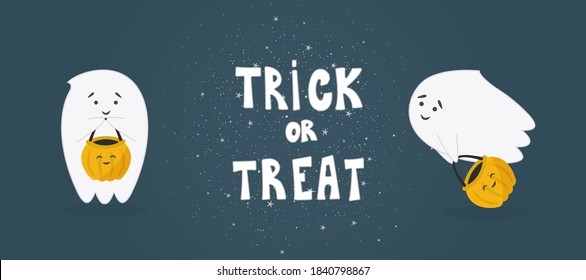 Cute little ghosts. Cartoon characters for your design funny Halloween greeting card. Vector illustration.