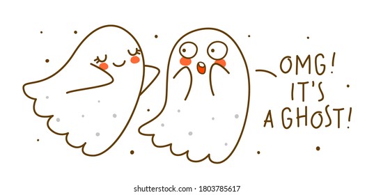 Cute little ghosts isolated on white background - cartoon characters for funny Halloween greeting card and poster design