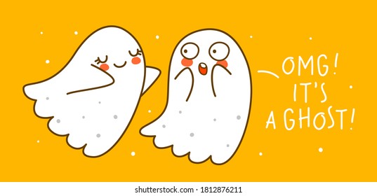 Pequeños fantasmas cortos sobre el fondo naranja - personajes de caricatura para divertida tarjeta de saludo de Halloween y diseño de afiches