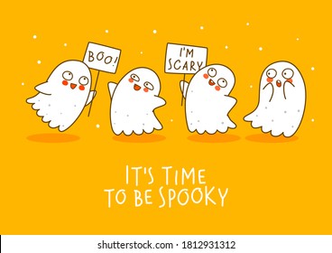 Cute little ghosts on orange background - cartoon characters border for funny Halloween greeting card design