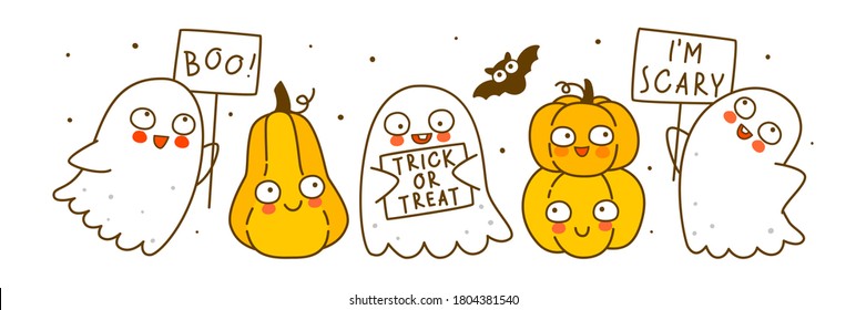 Geräumige kleine Geister mit Kürbissen einzeln auf weißem Hintergrund - Cartoon-Figuren grenzen für lustiges Halloween-Design