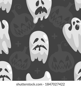 Cute Little Ghosts Seamless Pattern, Happy Halloween Holiday Backdrop, Wallpaper, Packaging, Textile Design Vector Illustration