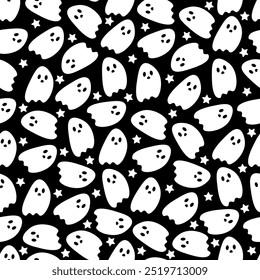 Cute little ghosts Seamless pattern black background Festive for Halloween.  for textile printing, baby clothes, wallpaper, packaging, fabric.