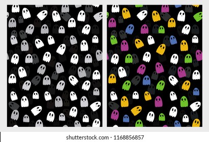 Cute Little Ghosts Vector Patterns. Ghost Shape Confetti Scattered on a Black Background. White, Pink, Blue, Green, Grey and Yellow Funny Brownies. Helloween Simple Infantile Design.