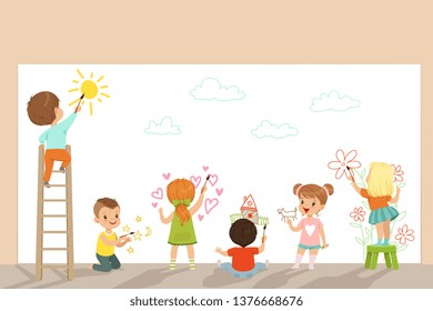 Cute little gids painting with color paints and brush on the wall set, back view vector Illustrations on a white background