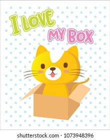 cute little ginger cat sitting in box with polkadot backrgound and typography text i love my box

