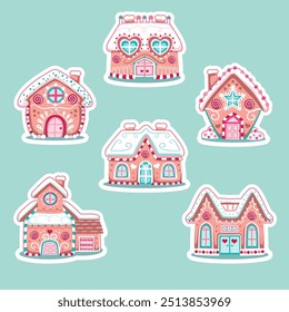 Cute little gingerbread house illustration set with pink, blue and white candy and snow decoration. Isolated vector designs suitable for stickers.