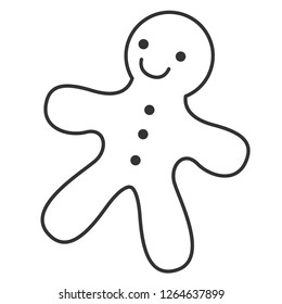 Cute little gingerbread man with buttons. Happy Christmas traditional baked character. Sweet confectionary festive desert. Face with big smile. Simple minimalist vector illustration. Monochrome icon