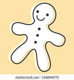 Cute little gingerbread man with buttons. Happy Christmas traditional baked character. Sweet confectionary festive desert. Face with big smile. Simple minimalist vector illustration. Monochrome icon