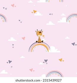 Cute little giraffe cartoon character sitting on the rainbow on pink backfround seamless pattern. Wallpaper for nursery kids room wall