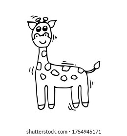 Cute little giraffe in cartoon style on white background, vector illustration. Coloring page.