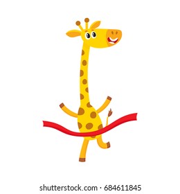 Cute Little Giraffe Character, Champion, Winner, Cartoon Vector Illustration Isolated On White Background.