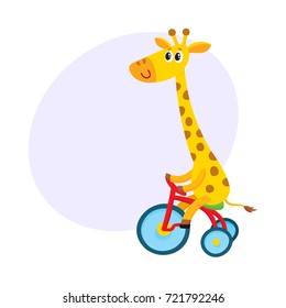 Cute little giraffe character riding bicycle, tricycle, cycling, cartoon vector illustration with space for text.