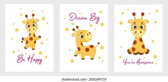 Cute little giraffe collection card template. Cartoon character for kids room decoration, nursery art, birthday party, baby shower. Bright stock vector illustration