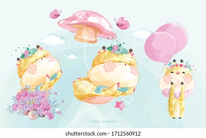 A cute little giraffe in colorful watercolor style Set.