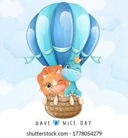 Cute little giraffe and dinosaur flying with air balloon illustration