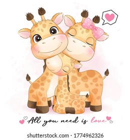 Cute little giraffe family with watercolor illustration