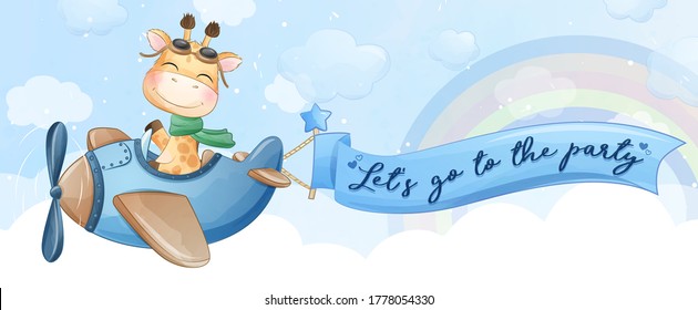 Cute little giraffe flying with airplane illustration