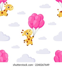Cute little giraffe flying on pink balloons seamless childish pattern. Funny cartoon character for fabric, wrapping, textile, wallpaper, apparel. Vector illustration