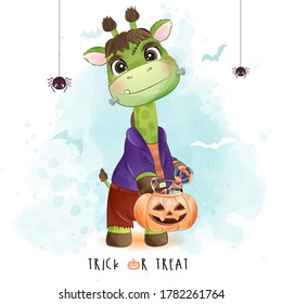 Cute little giraffe for halloween day and watercolor illustration