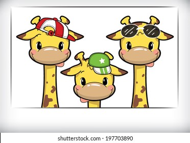 cute little giraffe have on hat and glasses in photo frame background vector