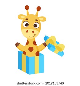 Cute little giraffe jumping from gift box. Funny cartoon character for print, greeting cards, baby shower, invitation, wallpapers, home decor. Bright colored childish stock vector illustration.