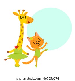 Cute little giraffe and  kitten characters dancing ballet together, cartoon vector illustration with space for text. Little cat and giraffe ballet dancers, ballerinas