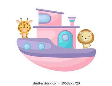 Cute little giraffe and lion sailing on pink ship. Cartoon character for childrens book, album, baby shower, greeting card, party invitation, house interior. Vector stock illustration.