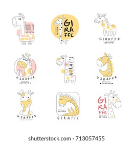 Cute little giraffe logo template original design set, vector Illustrations can be used for baby or toys shop, kids club