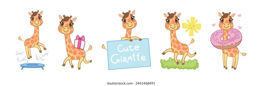 Cute Little Giraffe with Long Neck in Different Activity Vector Set