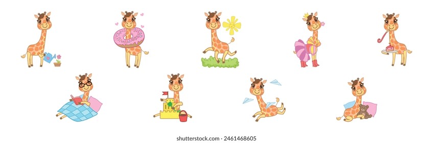 Cute Little Giraffe with Long Neck in Different Activity Vector Set