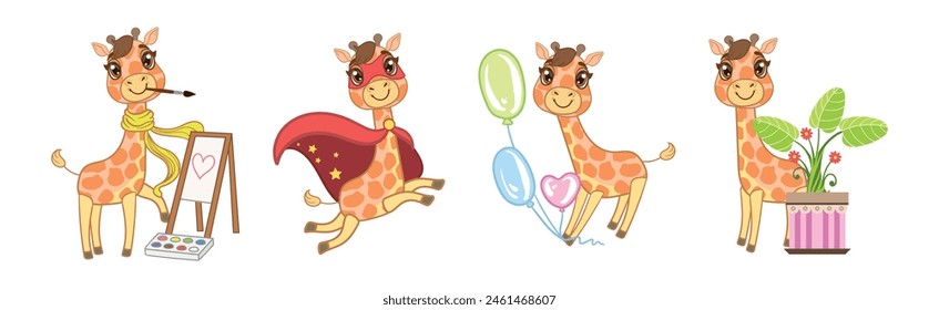 Cute Little Giraffe with Long Neck in Different Activity Vector Set