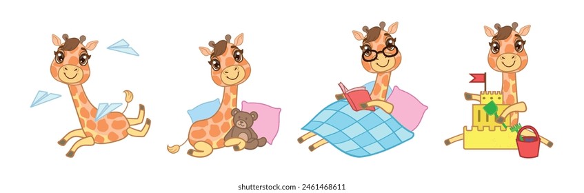 Cute Little Giraffe with Long Neck in Different Activity Vector Set