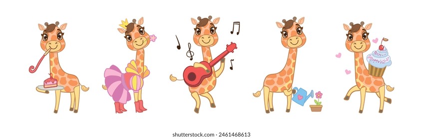 Cute Little Giraffe with Long Neck in Different Activity Vector Set