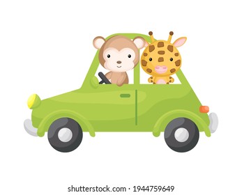 Cute Little Giraffe And Monkey Driving Green Car. Cartoon Character For Childrens Book, Album, Baby Shower, Greeting Card, Party Invitation, House Interior. Vector Stock Illustration.