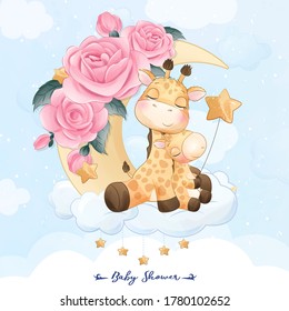 Cute little giraffe mother and baby sitting in the moon illustration